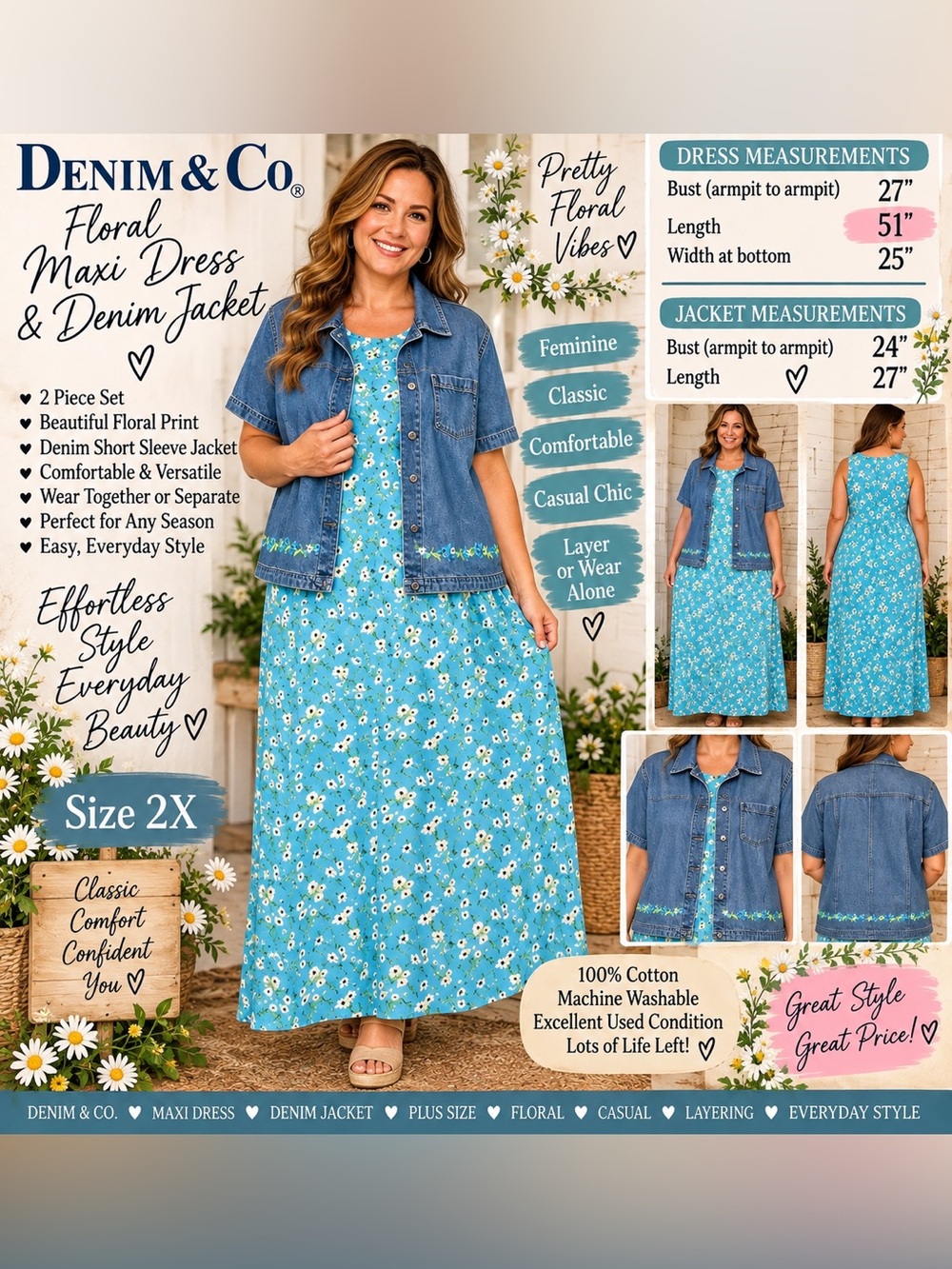 Denim&Co Blue Floral Maxi Dress with Light Denim Jacket